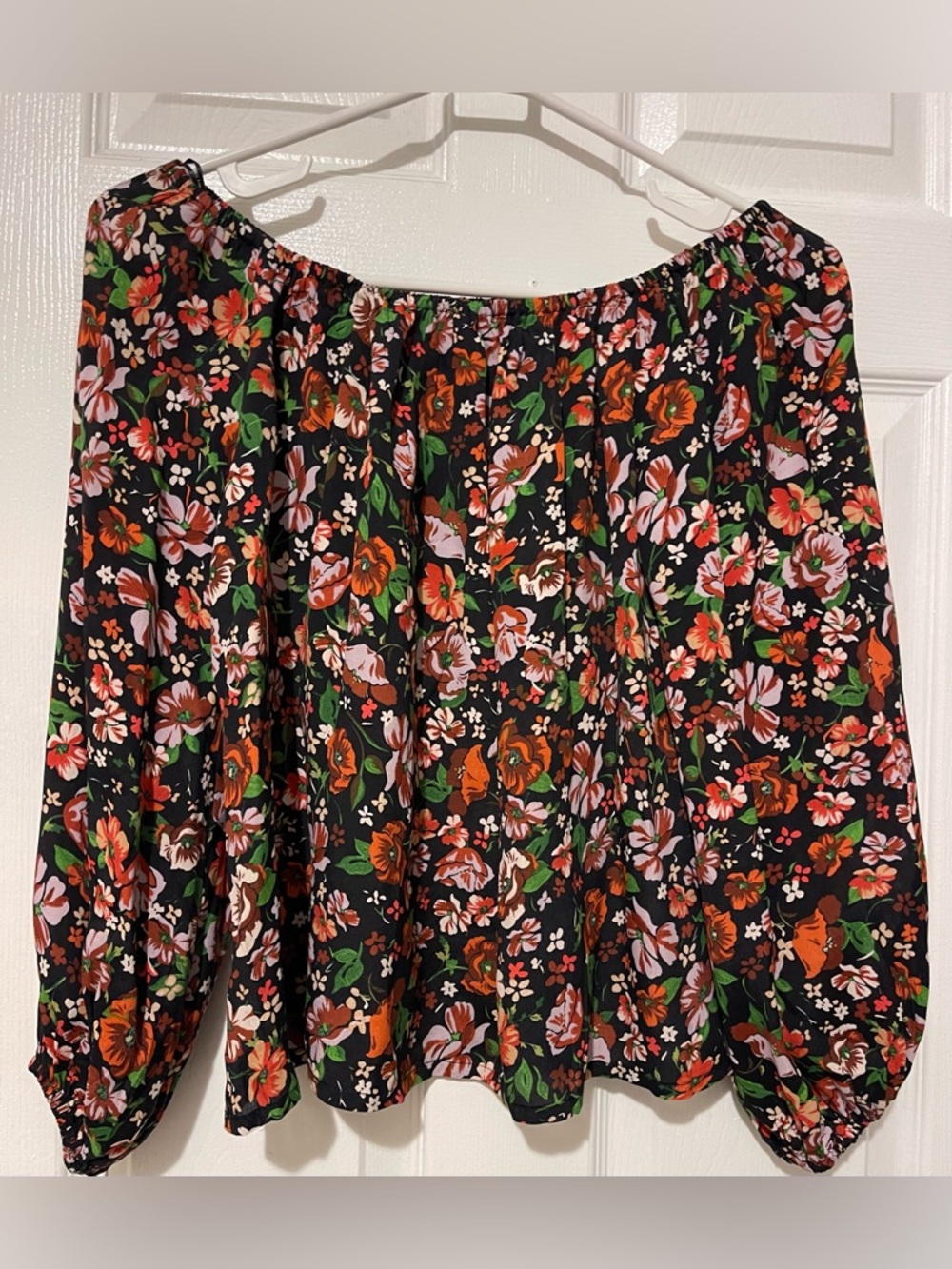 Zara Black Floral Off-Shoulder Top with Orange, Pink & Green Print
